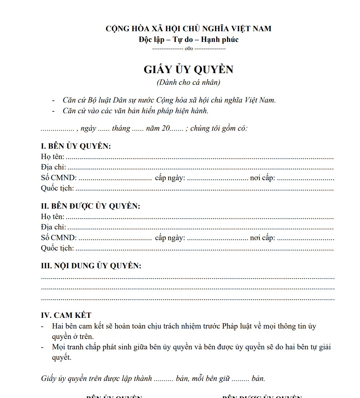 mau giay uy quyen ca nhan cho ca nhan